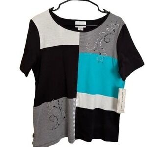 Alfred Dunner Womens Play Date Top Medium NWT Short Sleeve Multi Color Patchwork